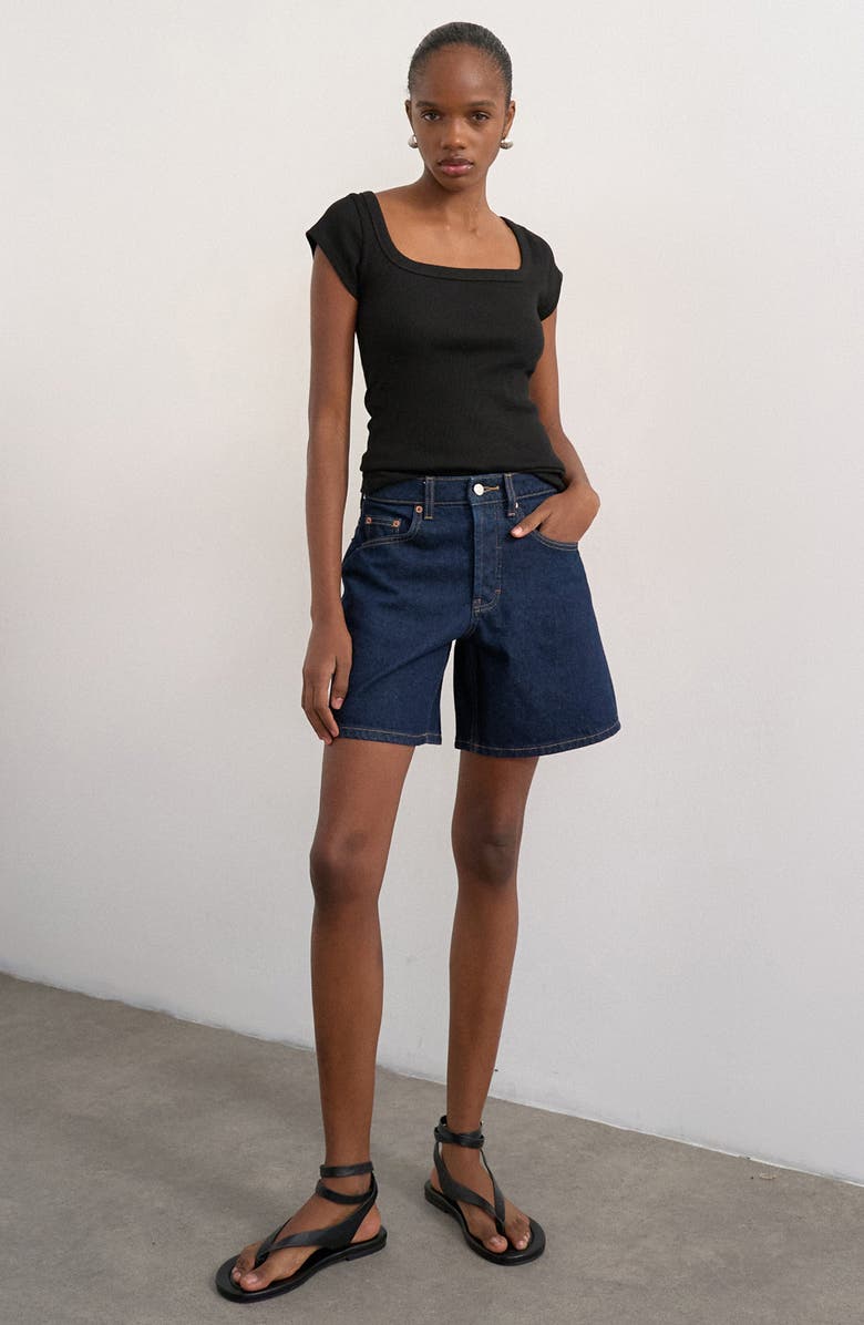 Topshop Editor Mid Rise Denim Shorts, Main, color, Mblue