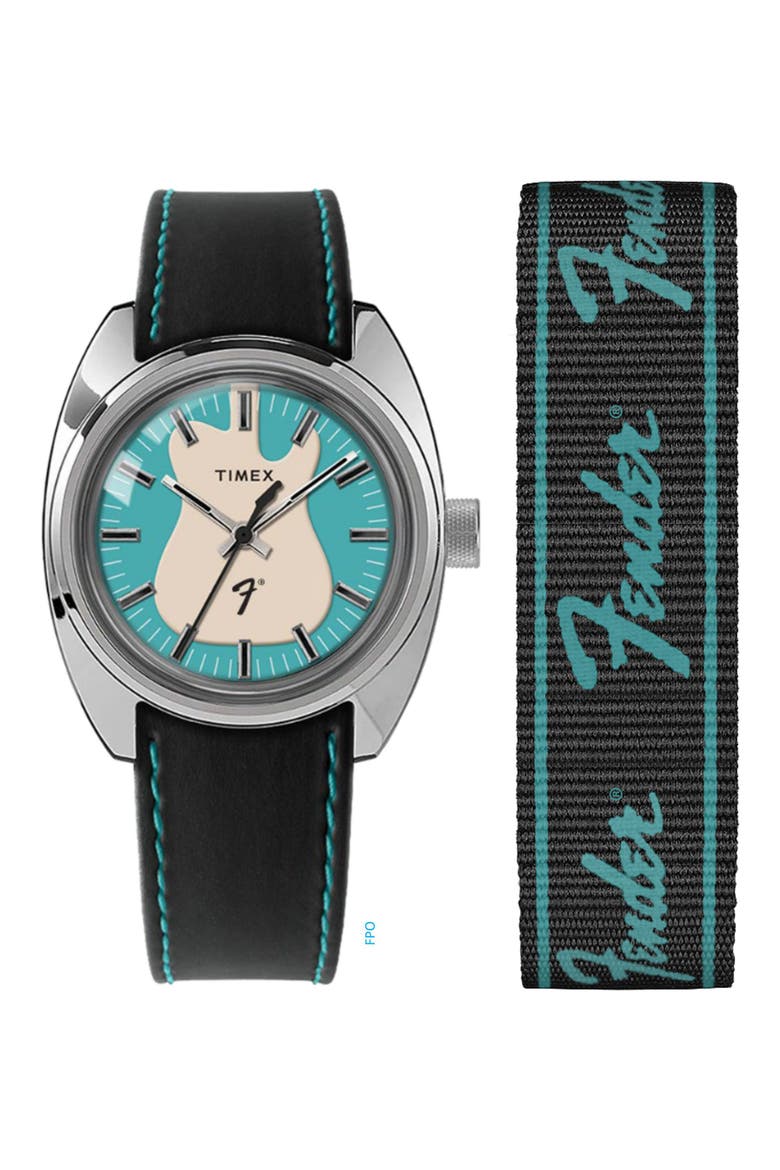 Fender x Timex Leather Strap Watch, 37mm, Main, color, BLACK