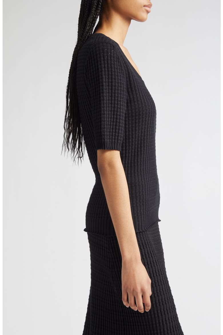 Mixed Stitch Short Sleeve Sweater, Alternate, color, BLACK