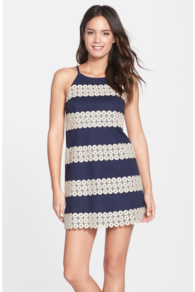 'Annabelle' Lace Appliqué Shift Dress, Main, color, NAVY