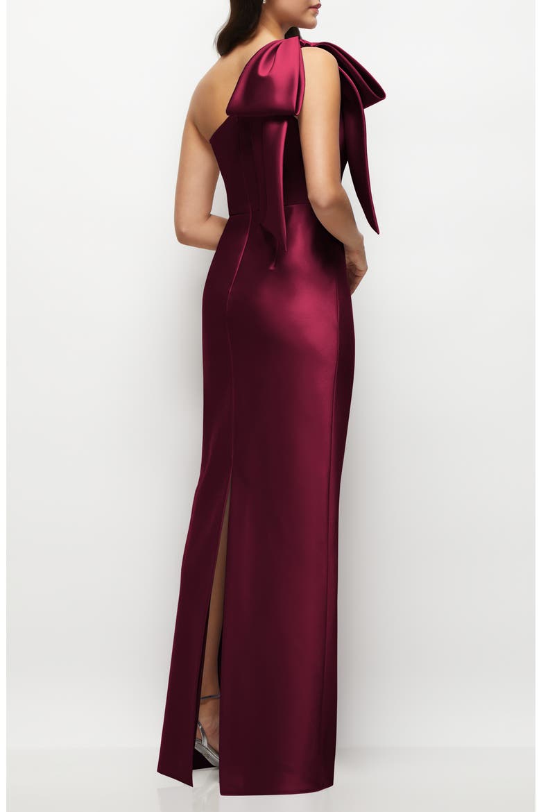 Bow Detail One-Shoulder Satin Twill Column Gown, Alternate, color, CABERNET