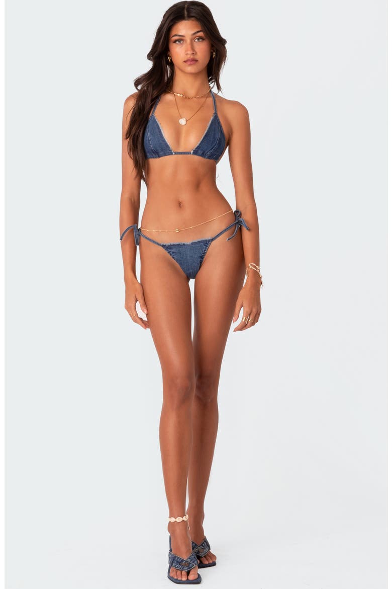Didi Distressed Denim Side Tie Bikini Bottoms, Alternate, color, BLUE