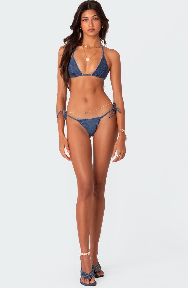 EDIKTED Didi Distressed Denim Side Tie Bikini Bottoms, Alternate, color, Blue