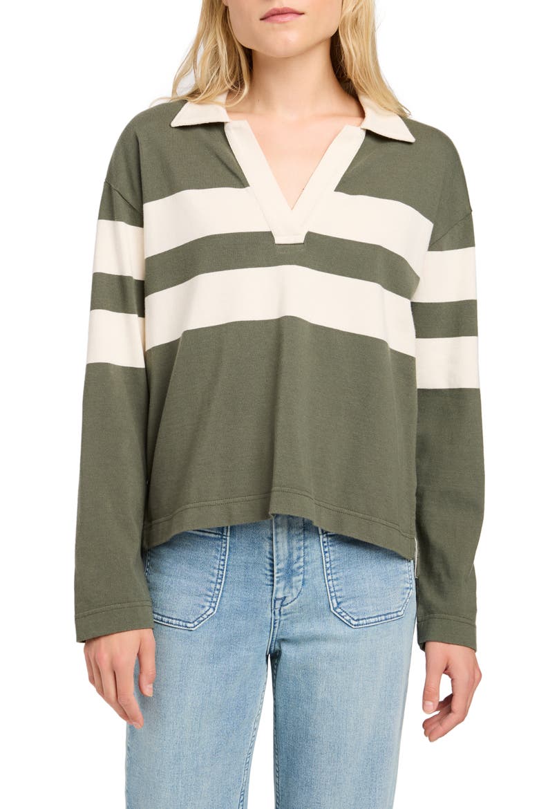 Stripe Long Sleeve Cotton Johnny Collar Polo, Main, color, GREEN LAKE STRIPE