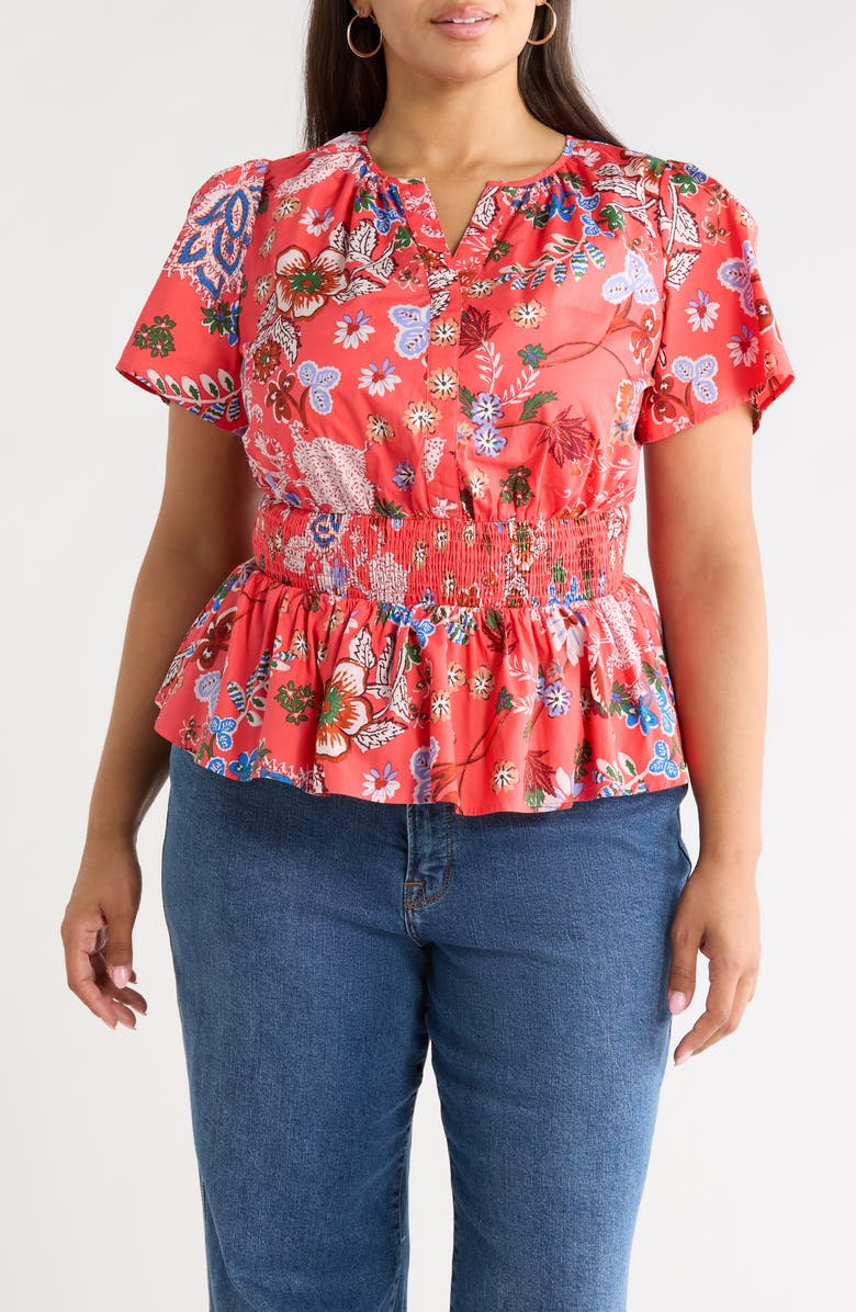 SUGARLIPS Amania Floral Sarina Smocked Top, Main, color, Coral-Blue