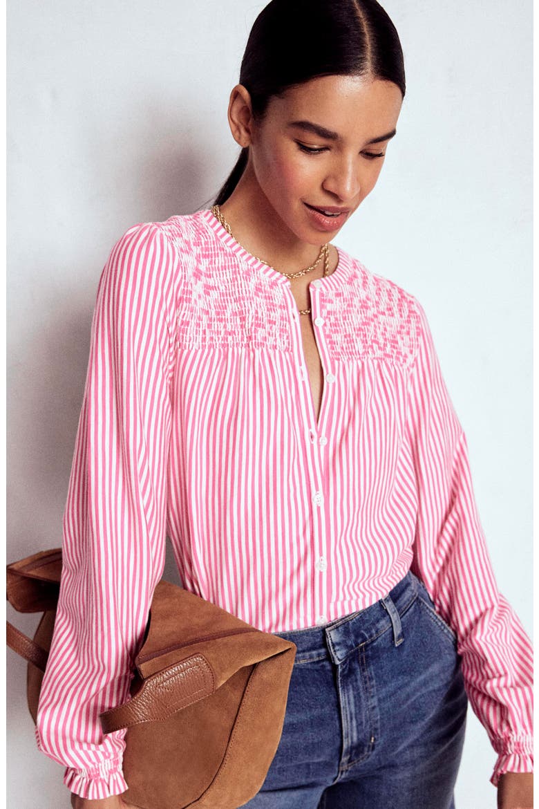 Elsa Smocked Woven Shirt, Alternate, color, PINK RIBBON STRIPE