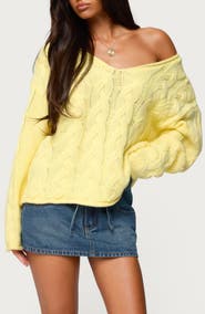 EDIKTED Inga Oversize Off the Shoulder Cable Sweater