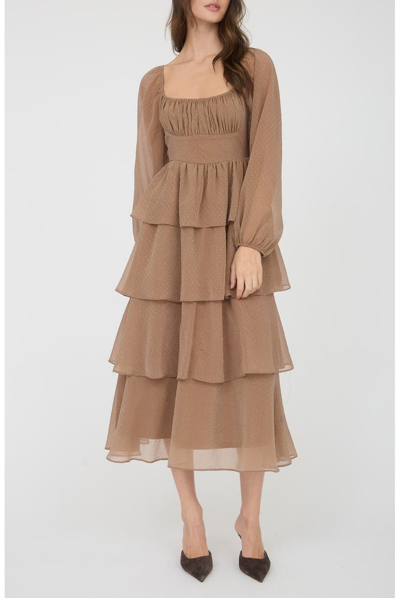 Long Sleeve Tiered Metallic Chiffon Midi Dress, Main, color, MOCHA