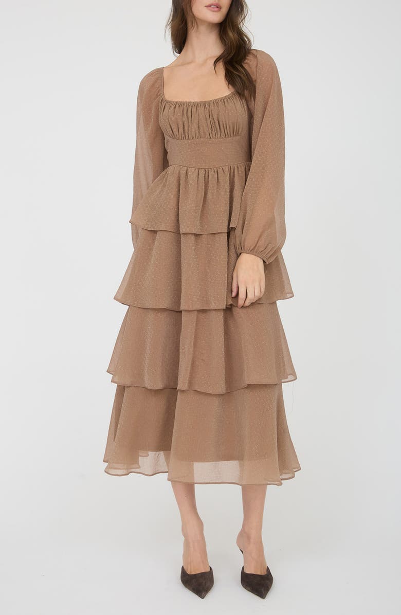 Blu Pepper Long Sleeve Tiered Metallic Chiffon Midi Dress, Main, color, Mocha