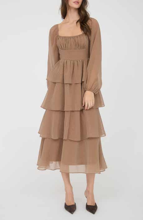 Blu Pepper Long Sleeve Tiered Metallic Chiffon Midi Dress