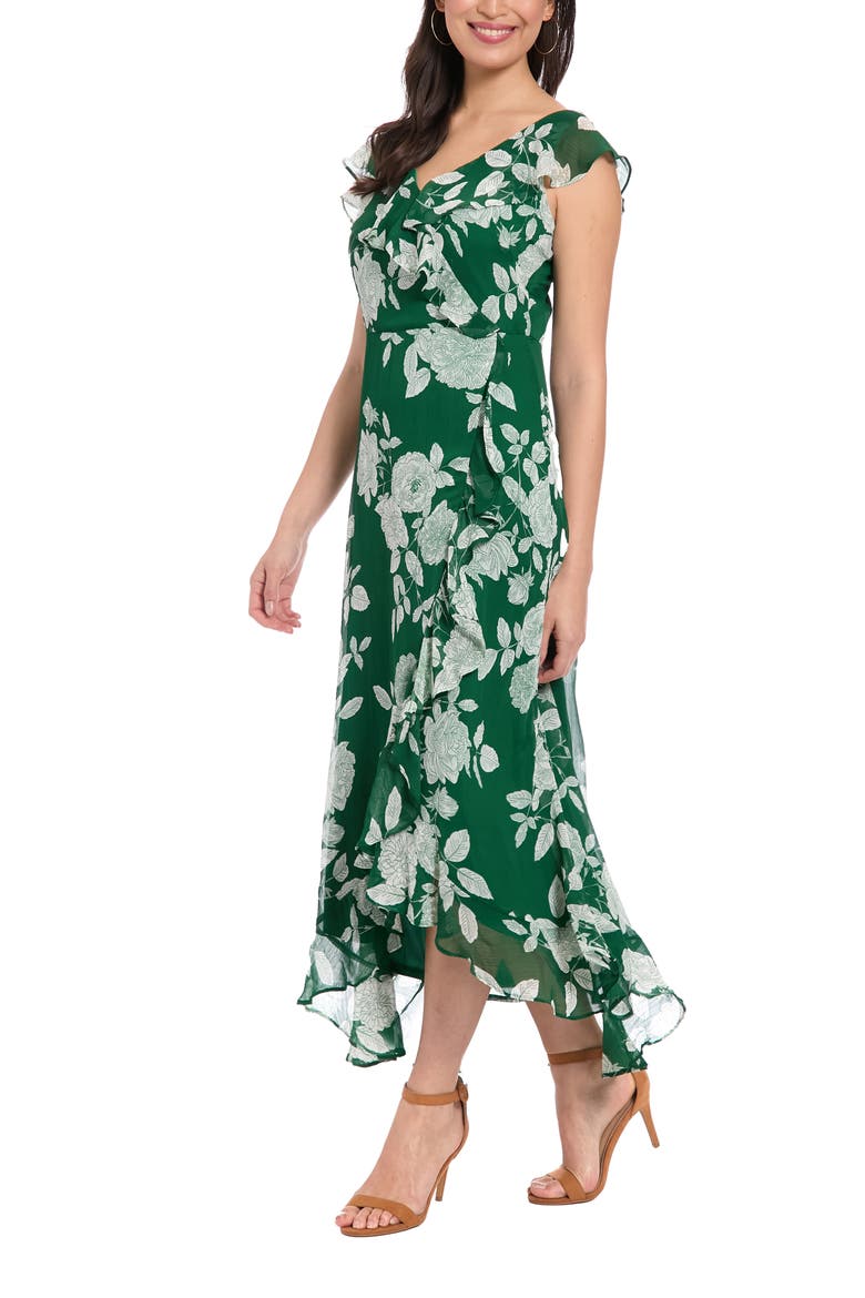 Ruffle Wrap Maxi Dress, Alternate, color, DARK GREEN/ WHITE