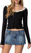 EDIKTED Tracey Crop Lace Trim Rib Henley
