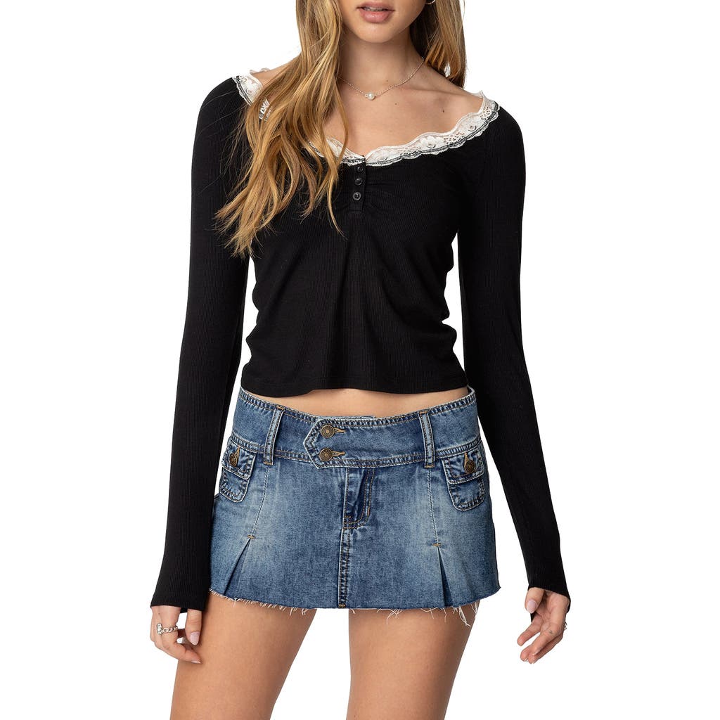 Edikted Tracey Crop Lace Trim Rib Henley In Black