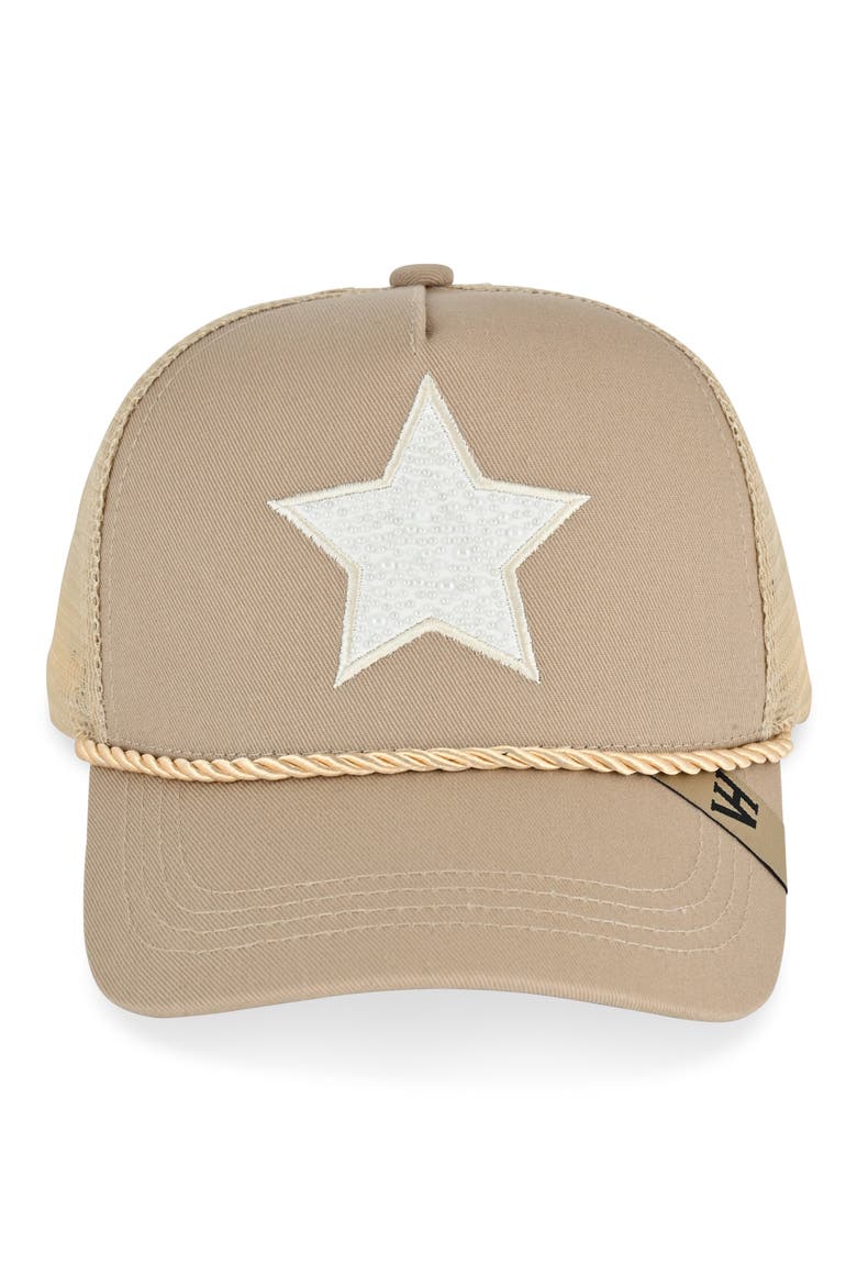 Faux Pearl Embroidered Star Mesh Panel Trucker Hat, Main, color, BEIGE/ PEARL