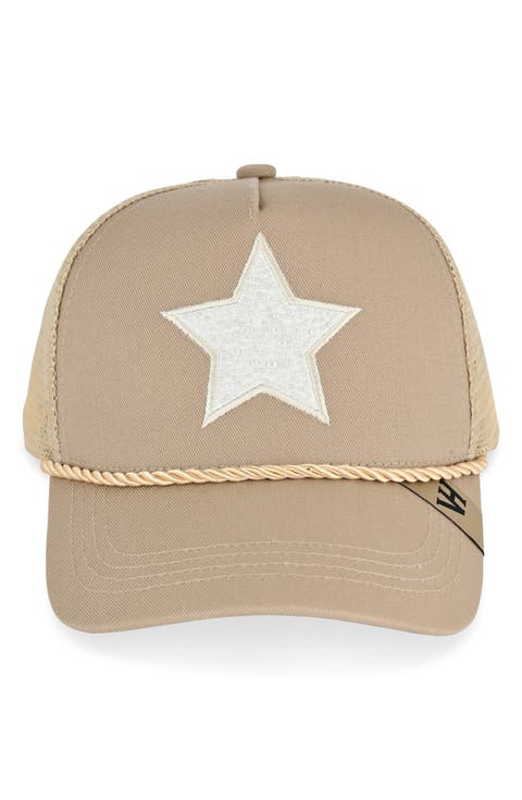Faux Pearl Embroidered Star Mesh Panel Trucker Hat