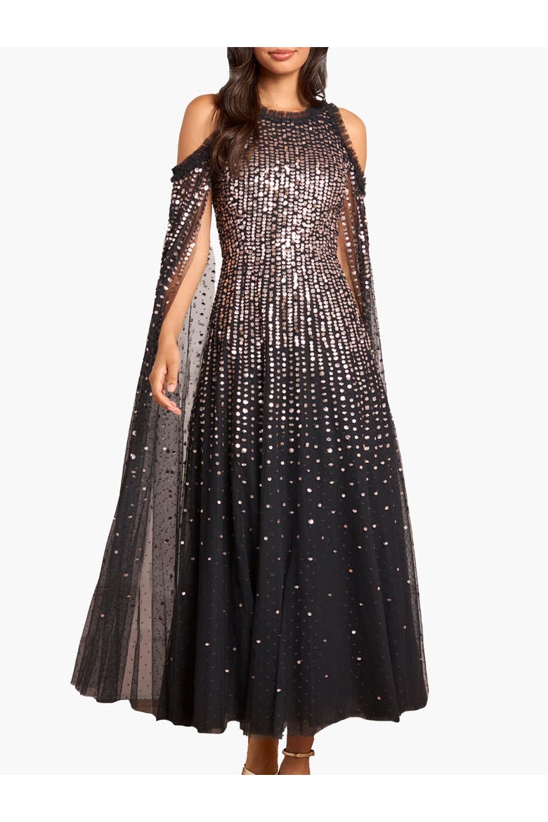 Moonlight Sequin Cape Sleeve Ankle Gown, Main, color, Graphite/Metallic