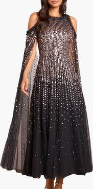 Needle & Thread Moonlight Sequin Cape Sleeve Ankle Gown