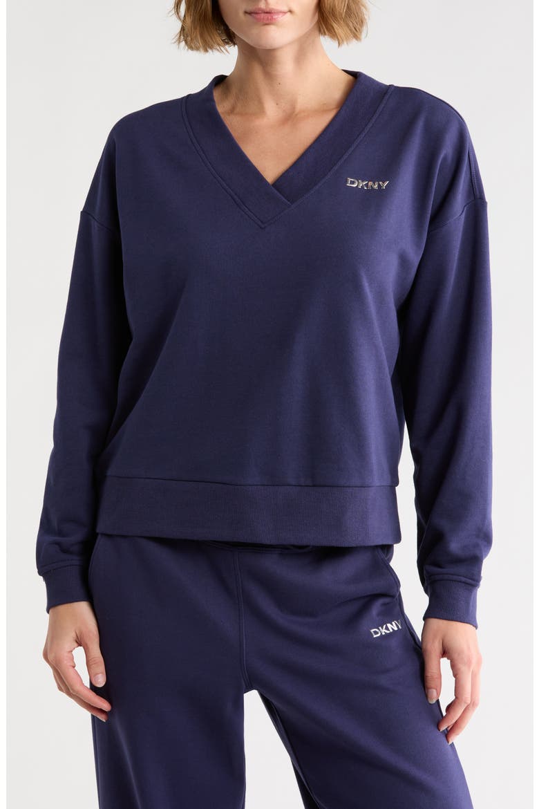 Metallic Logo V-Neck French Terry Sweatshirt, Main, color, PEACOAT