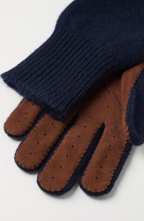 Brunello Cucinelli Cashmere Knit Gloves With Suede Palm In Blue