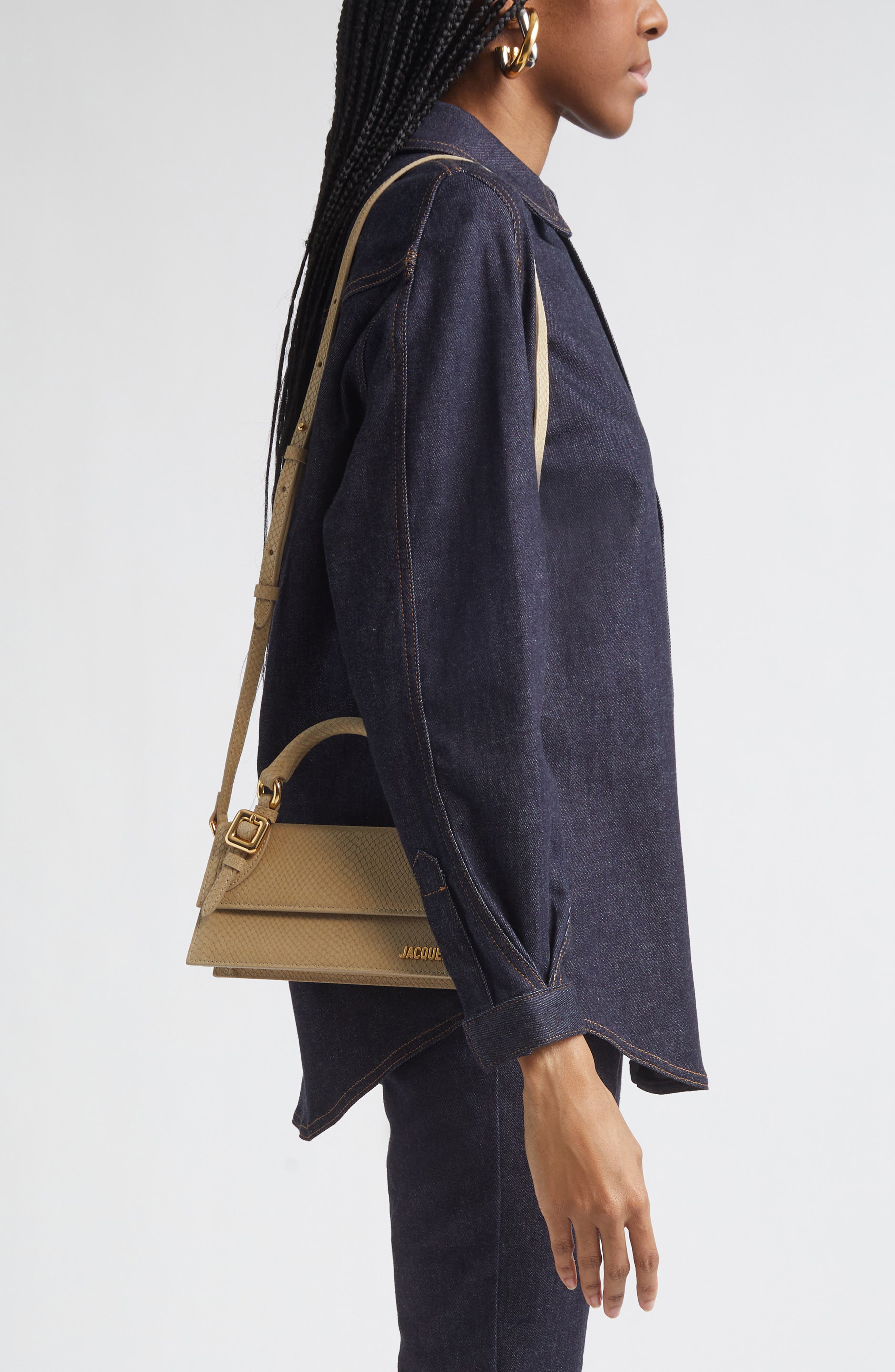 Jacquemus The Long Chiquito Embossed Leather Top Handle Bag, Alternate, color, Light Beige 130