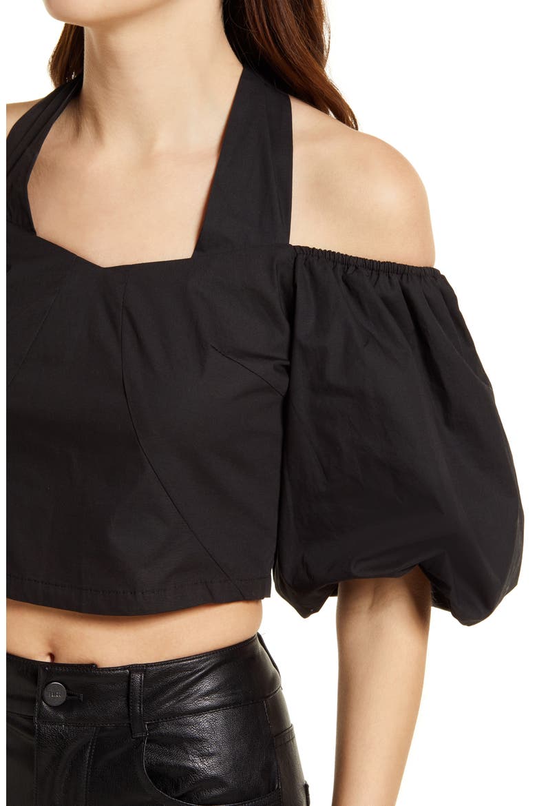 Halter Neck Puff Sleeve Cotton Crop Top, Alternate, color, BLACK
