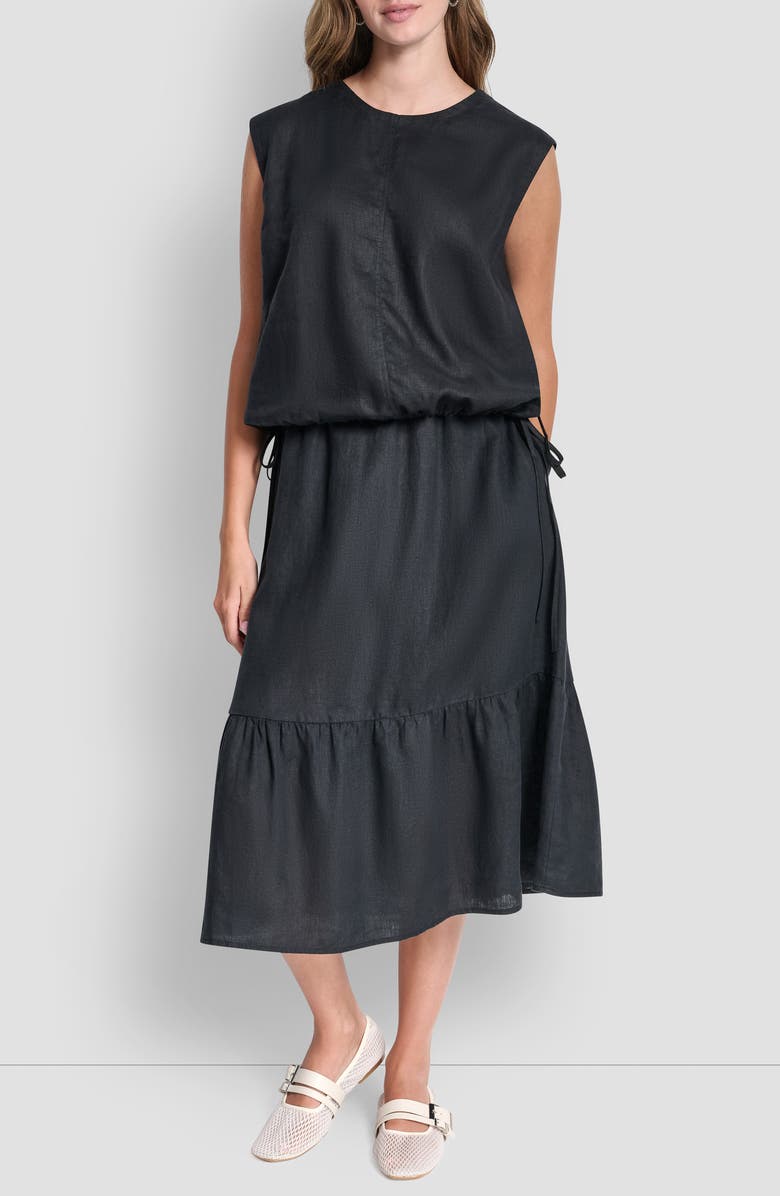 DKNY Drawstring Hem Linen Top, Alternate, color, Black