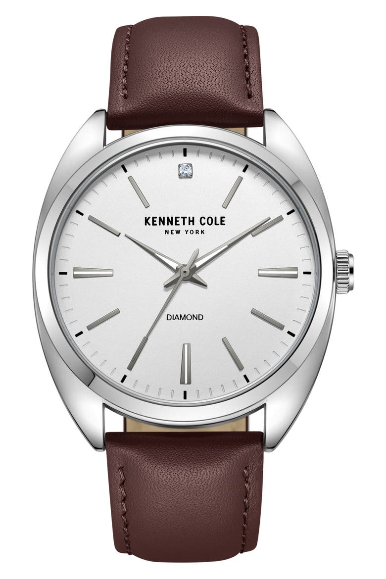 Diamond Dial Leather Strap Watch, 42mm, Main, color, BROWN