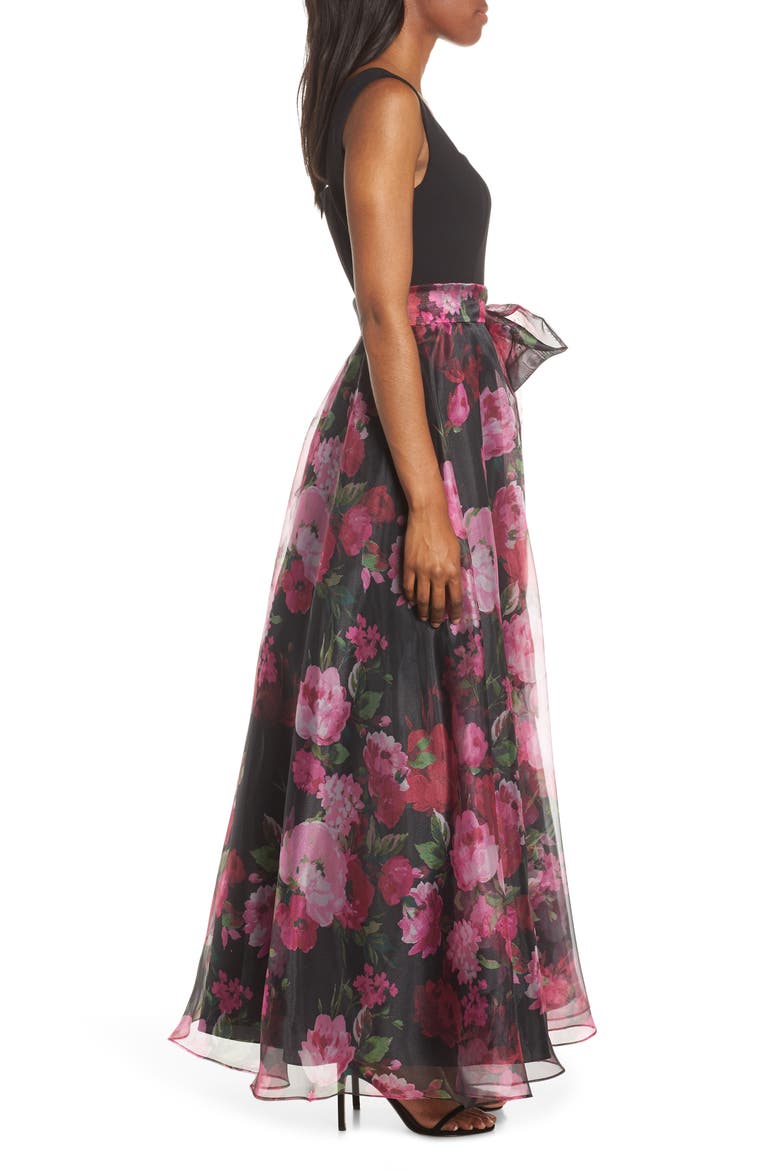 Floral Organza Gown, Alternate, color, BLACK MULTI