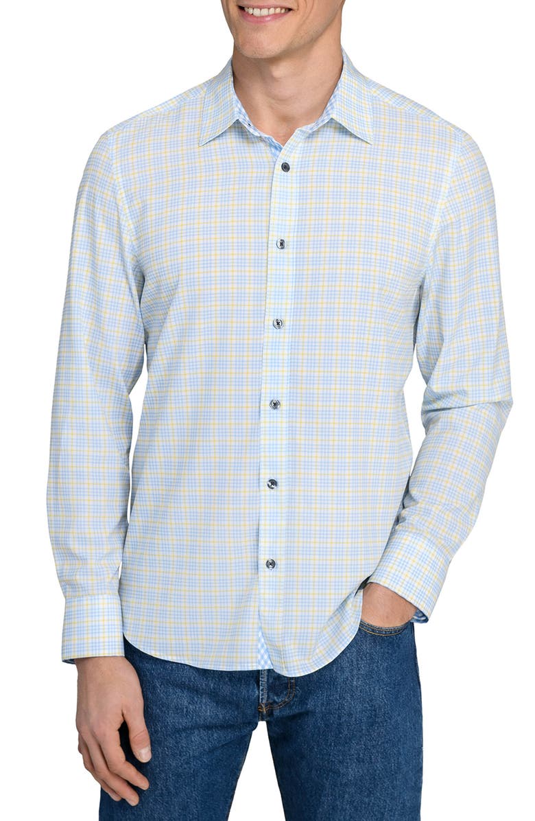 CONSTRUCT Houndstooth Plaid Stretch Button-Up Shirt, Main, color, Navy/ Yellow