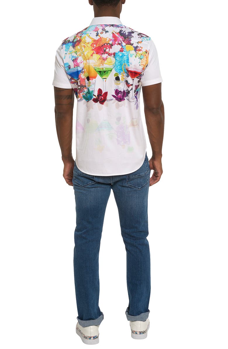 Robert Graham Splashdown Cocktail Print Short Sleeve Stretch Cotton Button-Up Shirt, Alternate, color, 