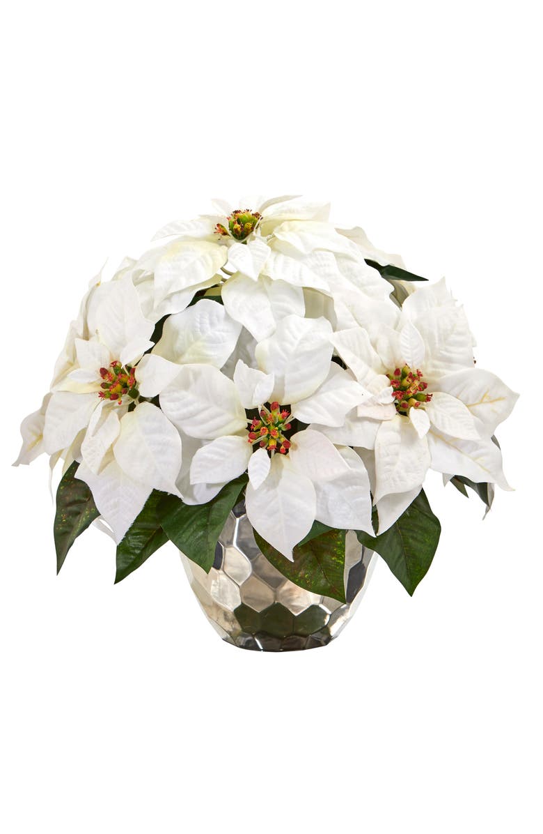 NEARLY NATURAL 14-in Poinsettia Artificial Arrangement in Designer Silver Bowl, Main, color, White