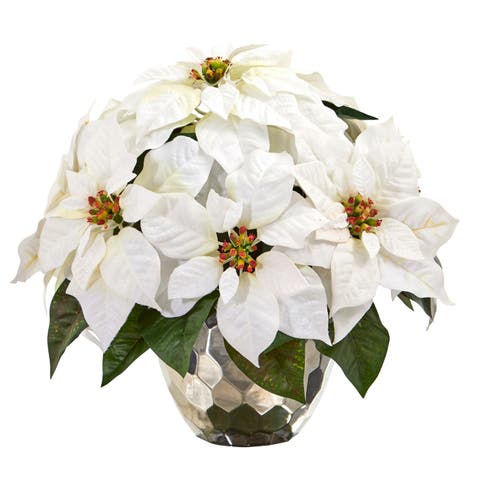 14-in Poinsettia Artificial Arrangement in Designer Silver Bowl