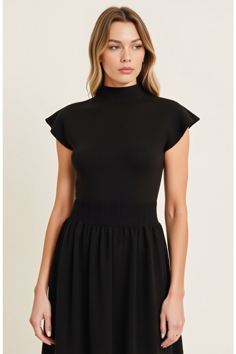 Scallop Edge Mock Neck Sleeveless Knit Midi Dress with Flared Skirt, Alternate, color, Black