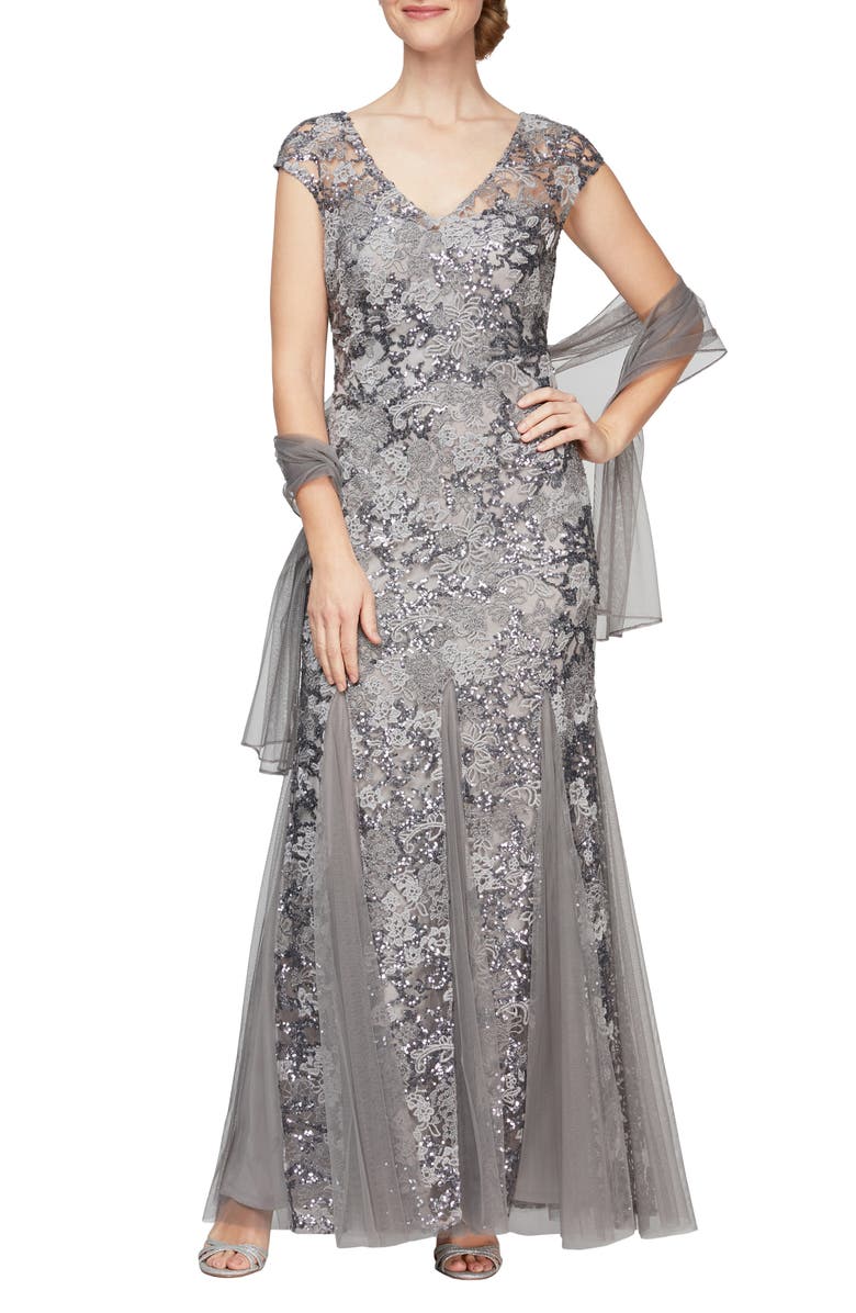 Alex Evenings Sequin Embroidered Trumpet Gown, Main, color, 