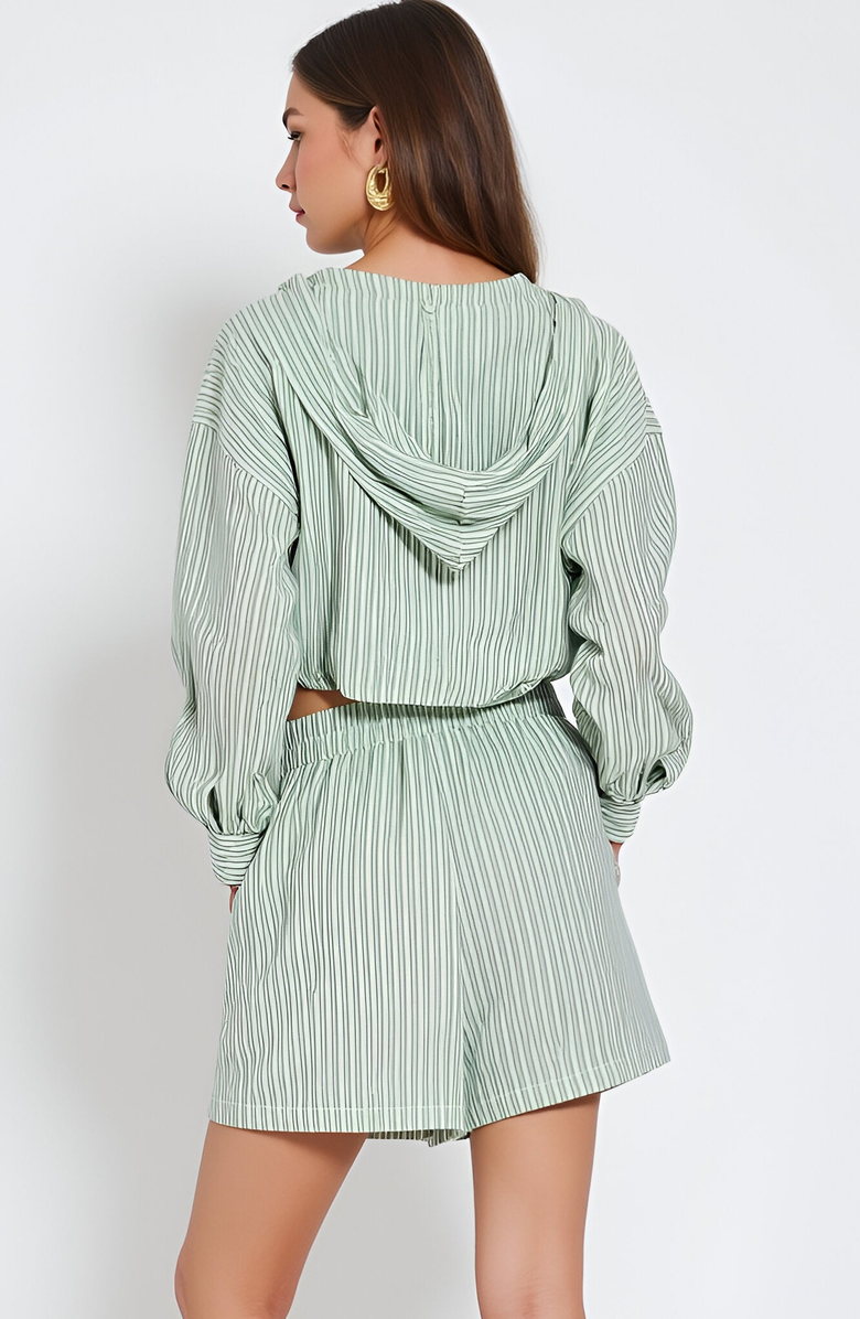 Modenaire Striped Long Sleeve Hoodie Top and High Waisted Shorts Set, Alternate, color, 