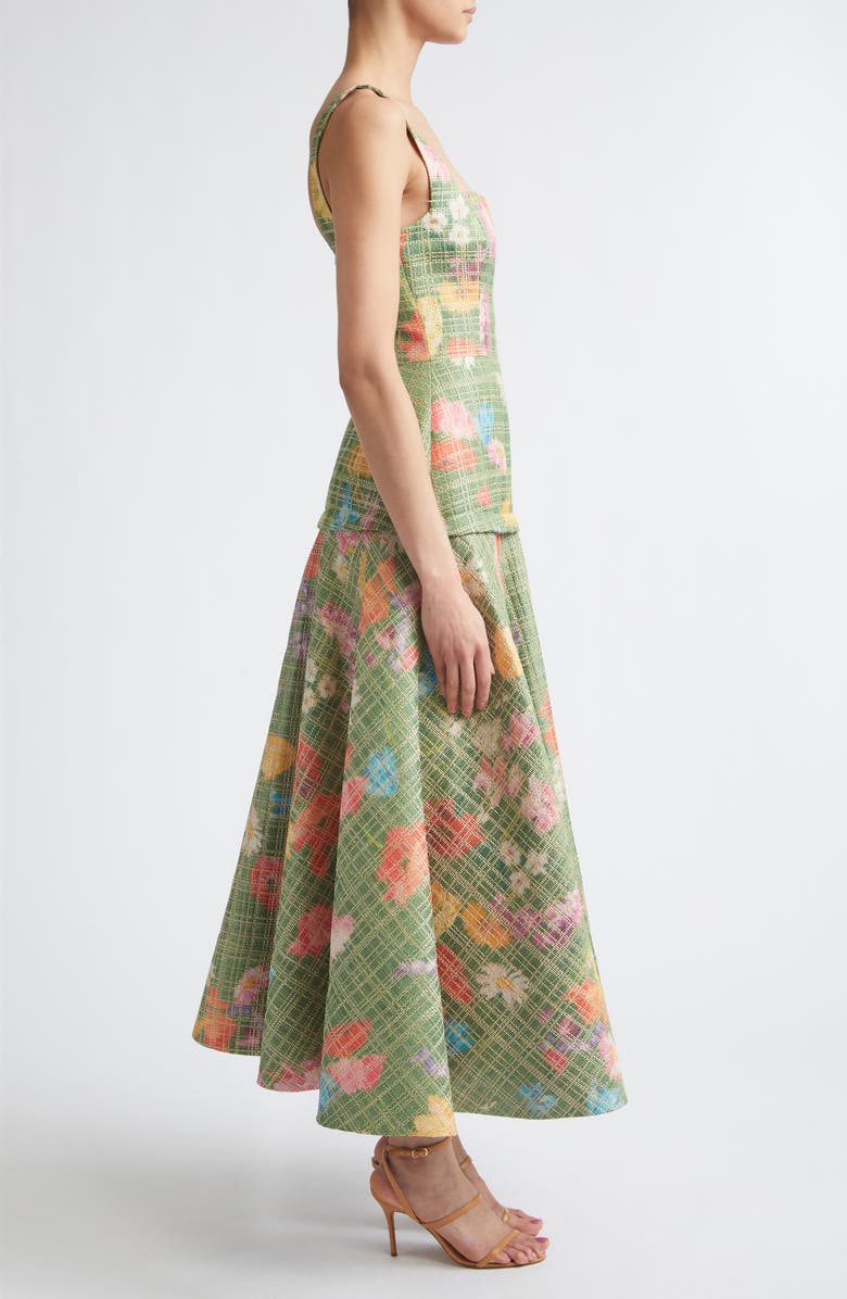 Lela Rose Floral Raffia Square Neck Midi Dress, Alternate, color, Cactus