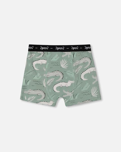 Boy's Printed Organic Cotton Boxer Shorts Light Sage And Gray Crocodile
