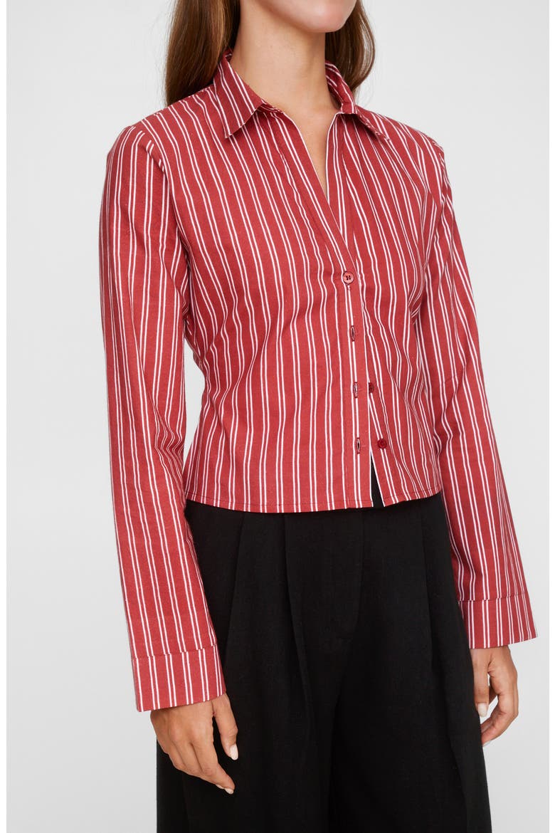 Fitted Stripe Crop Cotton Button-Up Shirt, Alternate, color, TOMATO RED