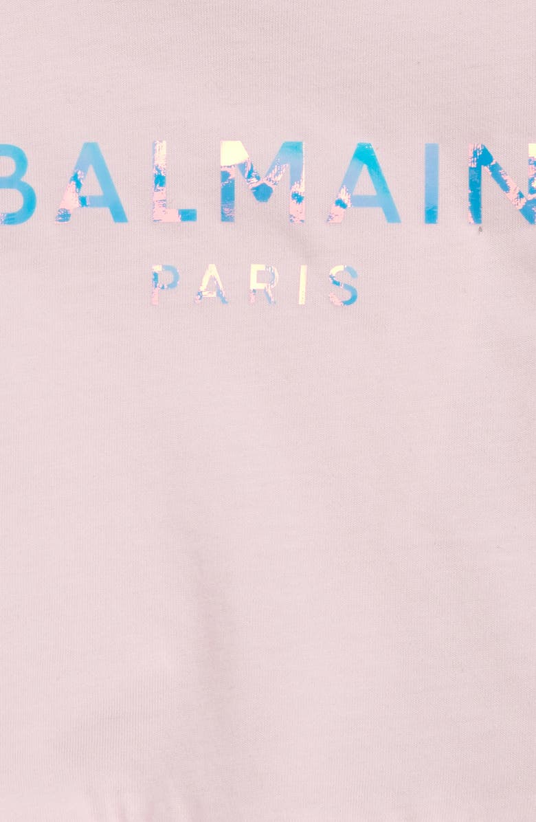 Balmain Iridescent Logo Ruffle Hem Graphic Tee, Alternate, color, 540 Pink