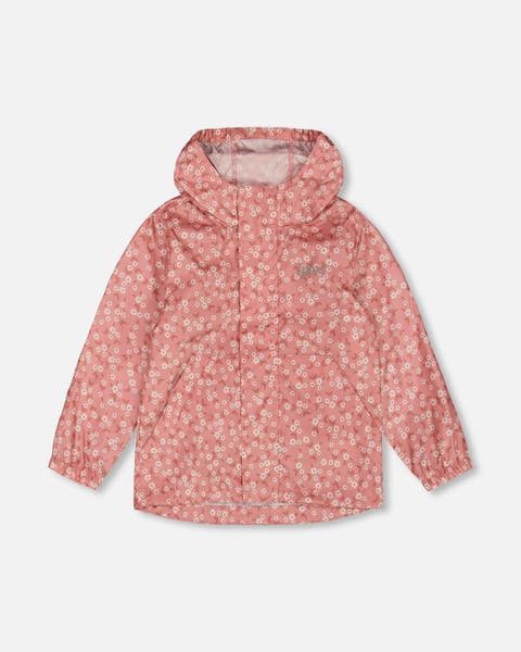 Girl's Printed Packable Windbreaker Small White Flowers On Pale Pink