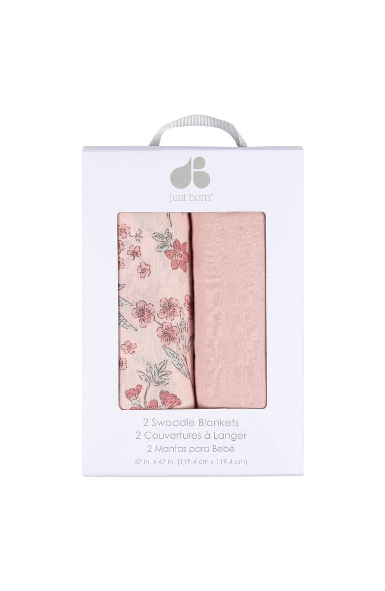 Just Born Muslin Swaddle Pink Floral Blankets 2-Pack, Alternate, color, Pink Floral