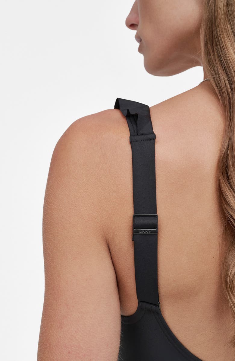 DKNY Ruffle Plunge Neck One-Piece Swimsuit, Alternate, color, Black