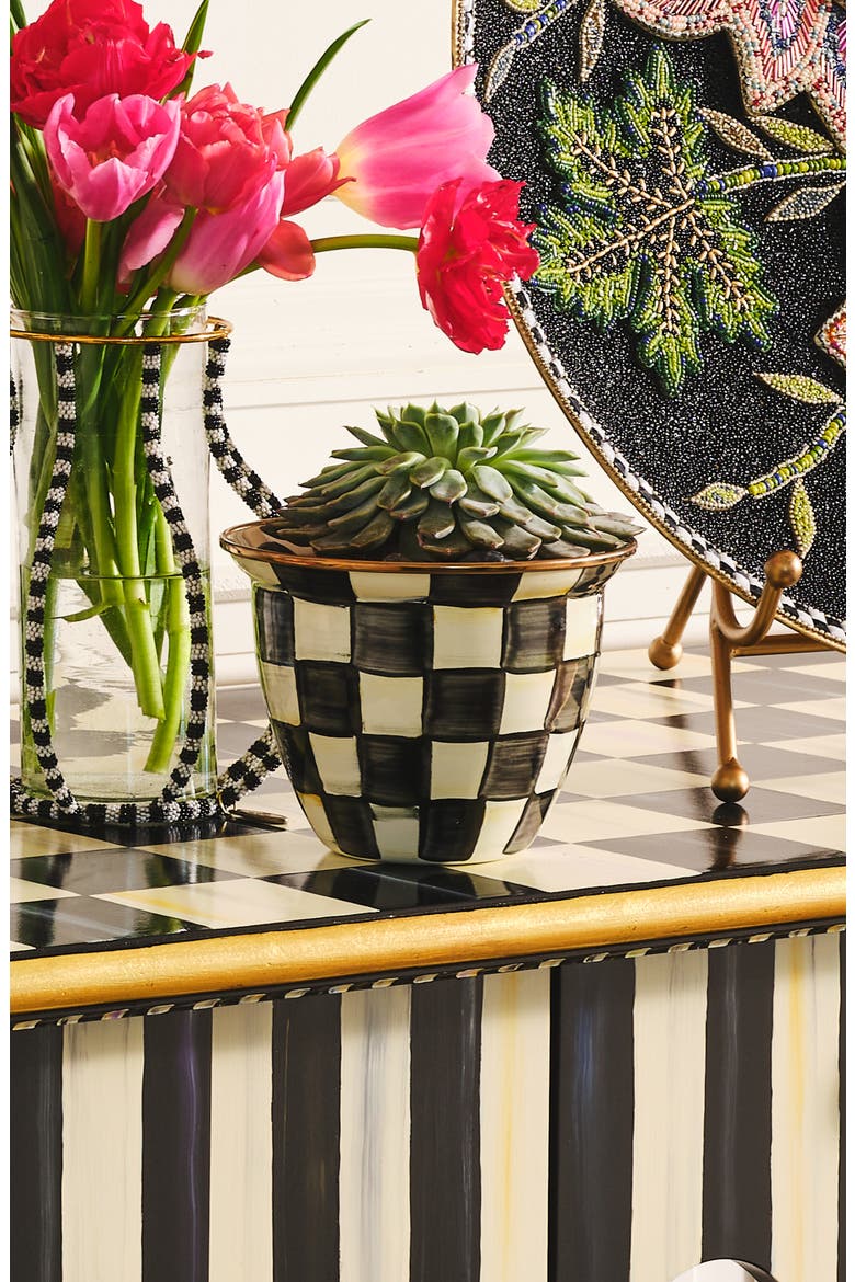 Large Courtly Check Enamel Flower Pot, Alternate, color, COURTLY