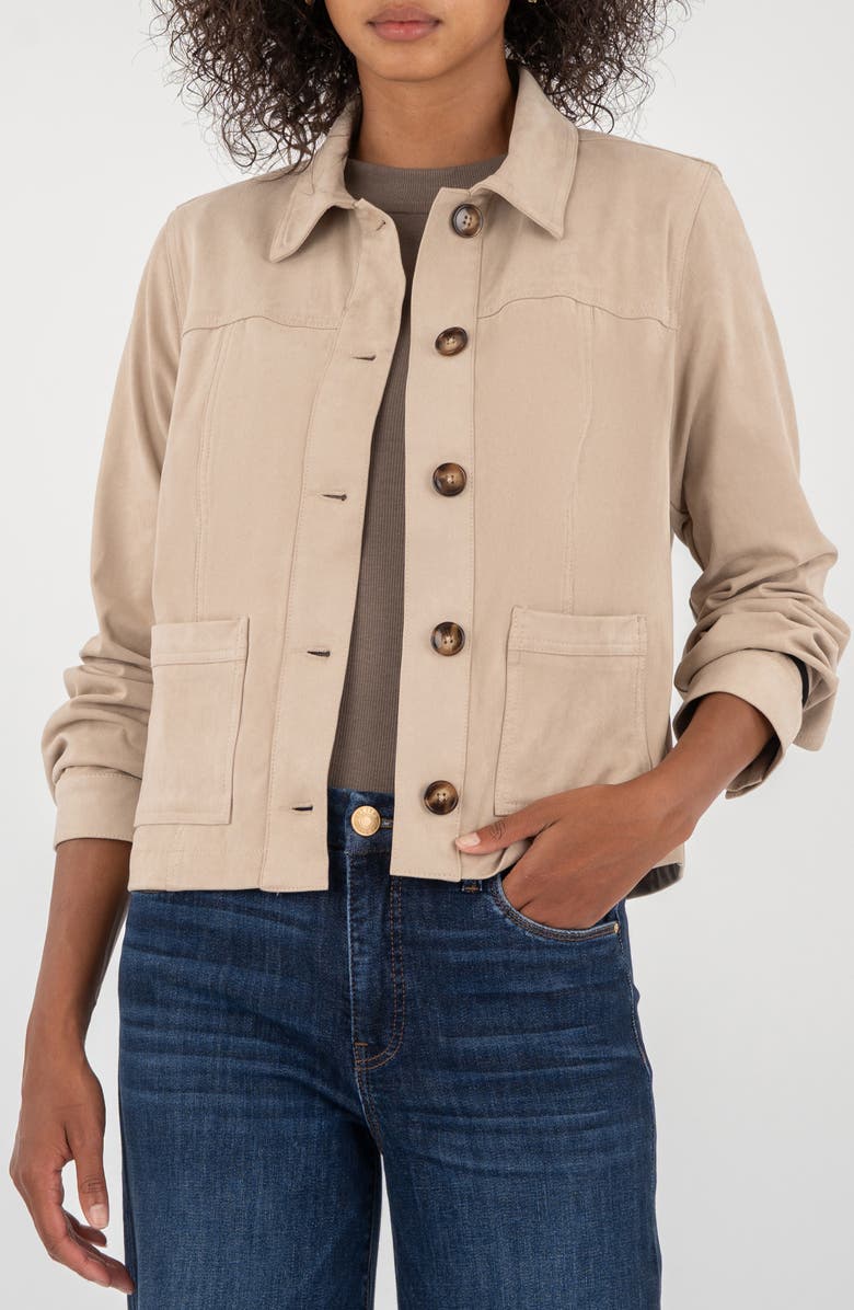 KUT from the Kloth Matilda Crop Faux Suede Trucker Jacket, Main, color, Stone