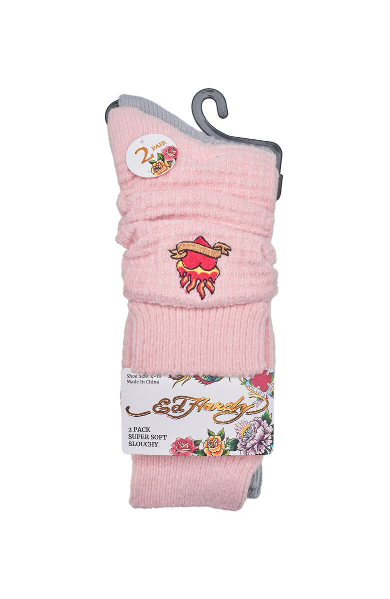 Ed Hardy Womens Heart Embroidery Waffle Knit Flat Slouchy Sock 2-Pack, Alternate, color, Grey Pink