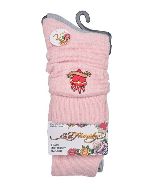 Ed Hardy Womens Heart Embroidery Waffle Knit Flat Slouchy Sock 2-pack In Multi
