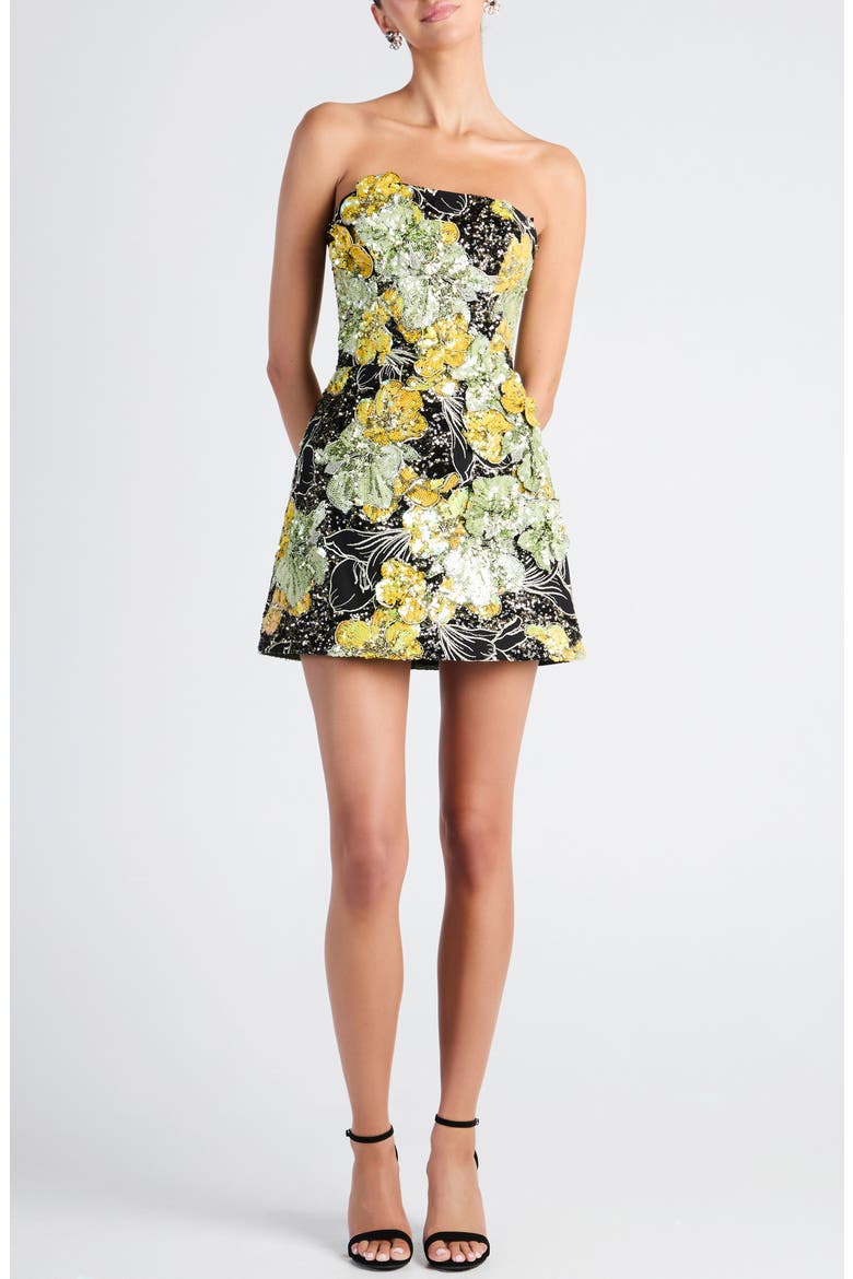 Brady Sequin Strapless Minidress, Main, color, BLACK/ CHARTREUSE