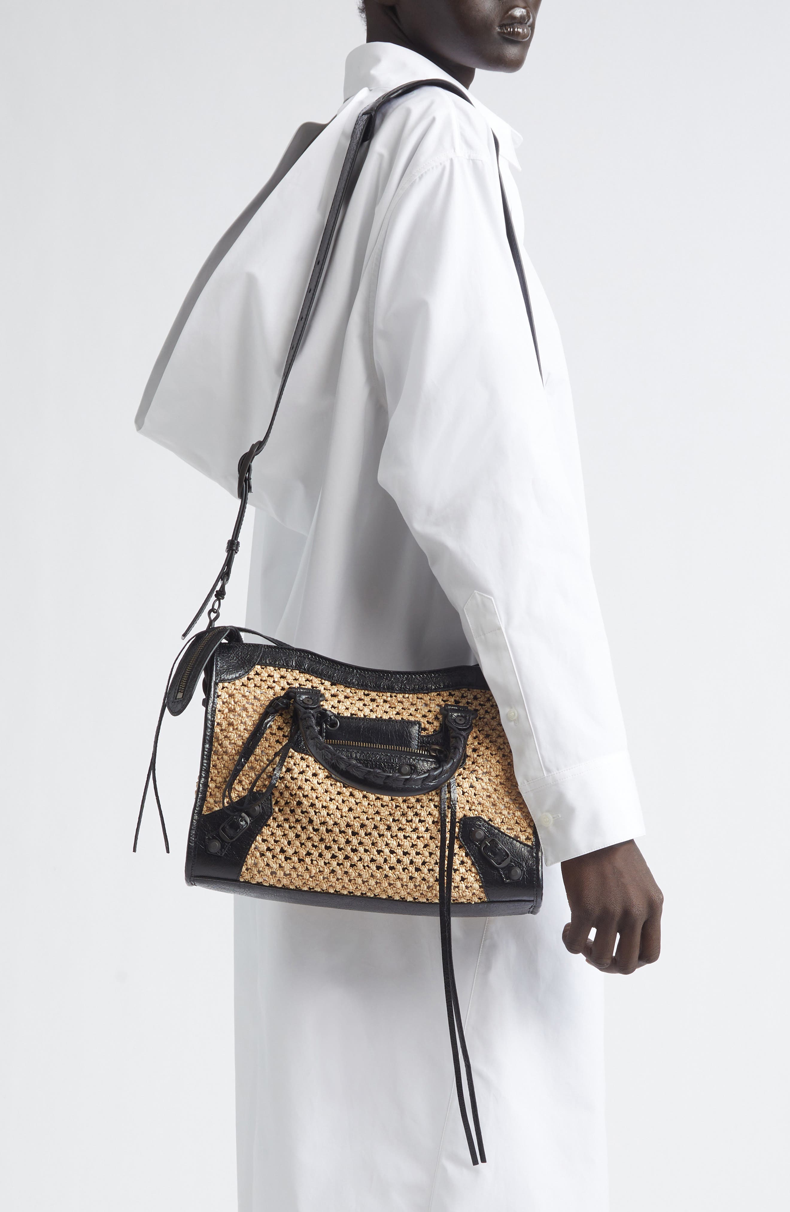 Balenciaga Small Le City Raffia Bag, Alternate, color, Natural/ Black