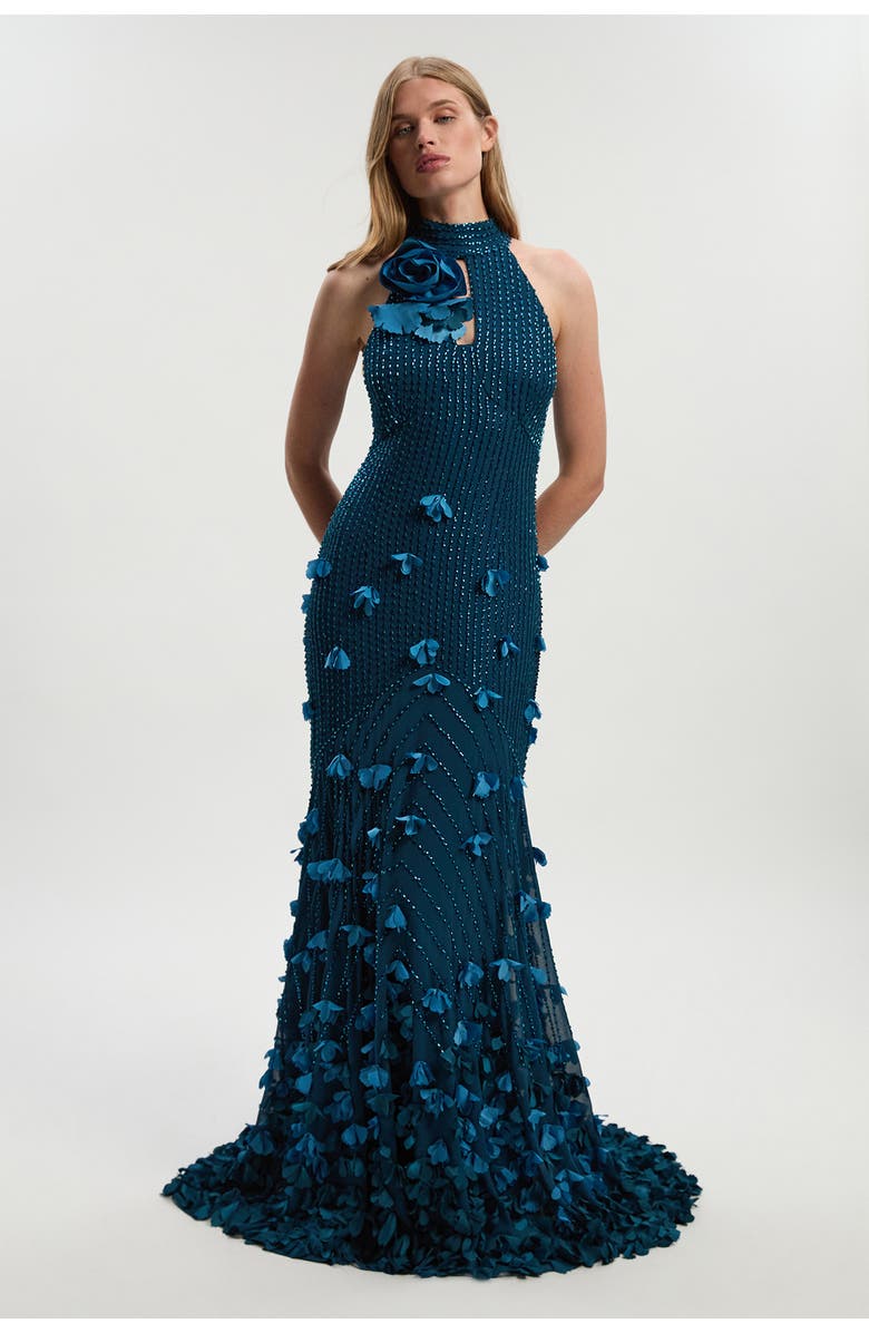 Karen Millen Petite Woven Maxi Rosette Dress, Main, color, Teal