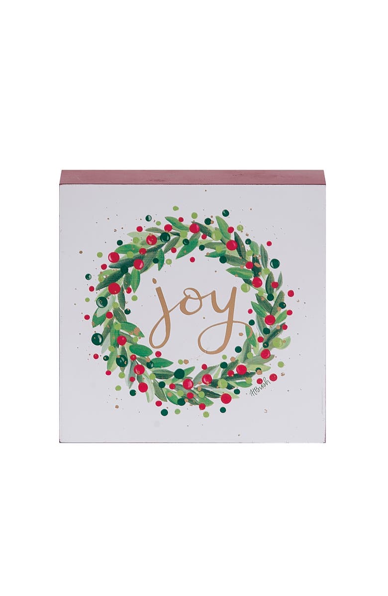 Transpac Joy Wreath Block Freestanding Tabletop Sign Multicolor Wood, Main, color, White